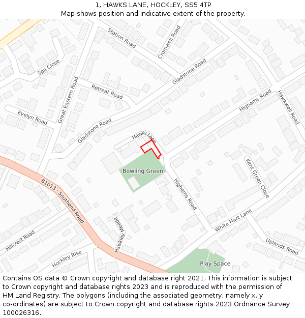 1, HAWKS LANE, HOCKLEY, SS5 4TP: Location map and indicative extent of plot