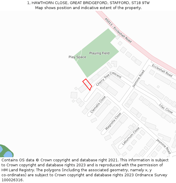 1, HAWTHORN CLOSE, GREAT BRIDGEFORD, STAFFORD, ST18 9TW: Location map and indicative extent of plot