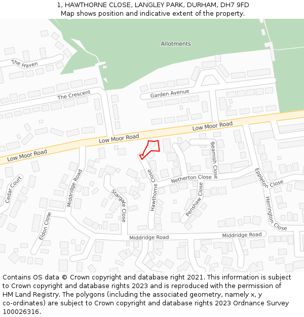 1, HAWTHORNE CLOSE, LANGLEY PARK, DURHAM, DH7 9FD: Location map and indicative extent of plot