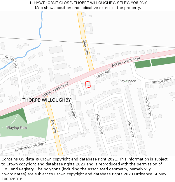 1, HAWTHORNE CLOSE, THORPE WILLOUGHBY, SELBY, YO8 9NY: Location map and indicative extent of plot