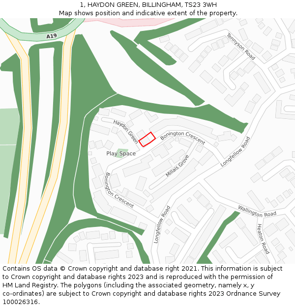 1, HAYDON GREEN, BILLINGHAM, TS23 3WH: Location map and indicative extent of plot