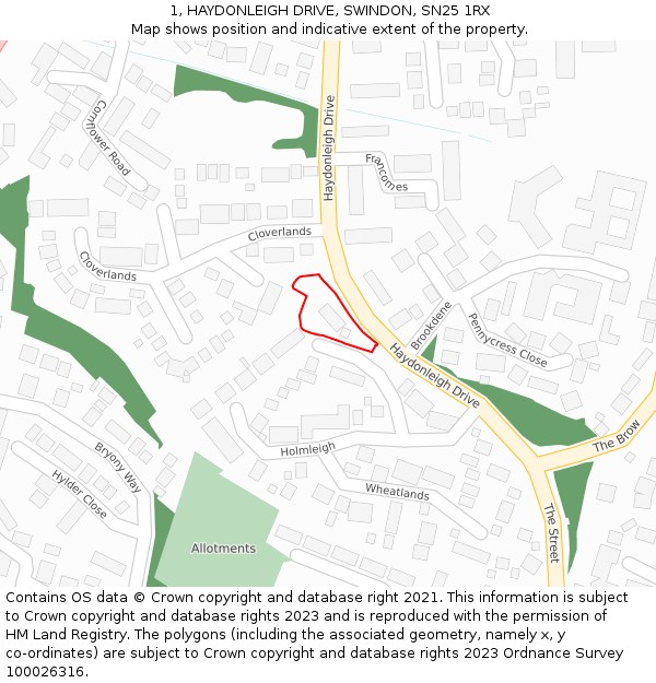 1, HAYDONLEIGH DRIVE, SWINDON, SN25 1RX: Location map and indicative extent of plot