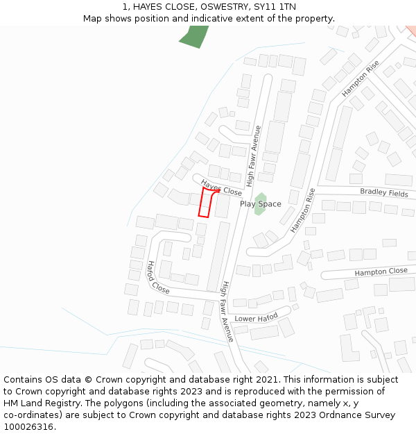 1, HAYES CLOSE, OSWESTRY, SY11 1TN: Location map and indicative extent of plot