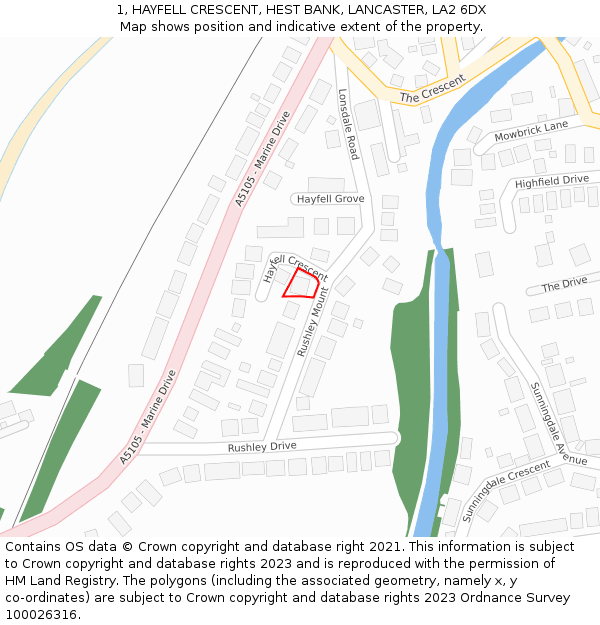 1, HAYFELL CRESCENT, HEST BANK, LANCASTER, LA2 6DX: Location map and indicative extent of plot