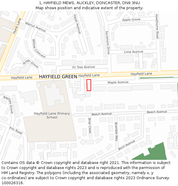 1, HAYFIELD MEWS, AUCKLEY, DONCASTER, DN9 3NU: Location map and indicative extent of plot