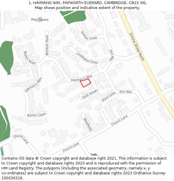 1, HAYMANS WAY, PAPWORTH EVERARD, CAMBRIDGE, CB23 3XL: Location map and indicative extent of plot