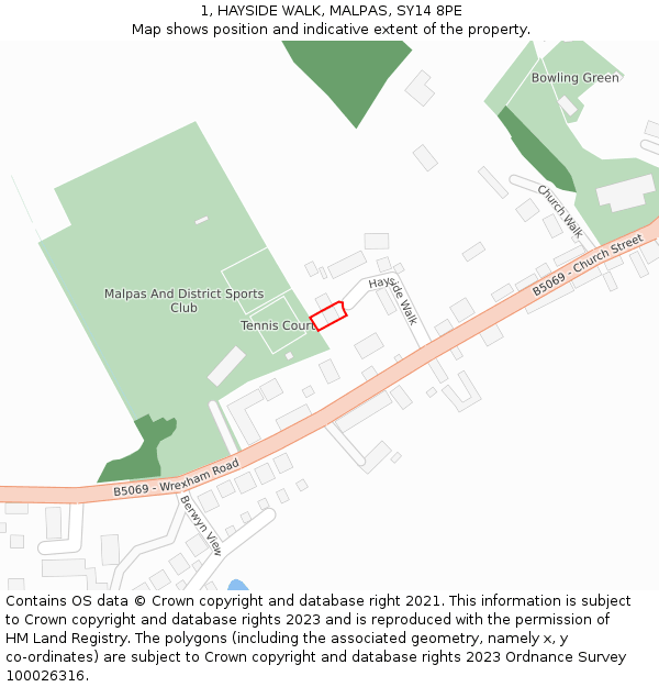 1, HAYSIDE WALK, MALPAS, SY14 8PE: Location map and indicative extent of plot