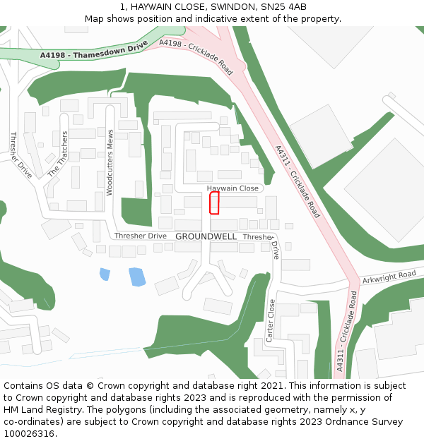 1, HAYWAIN CLOSE, SWINDON, SN25 4AB: Location map and indicative extent of plot