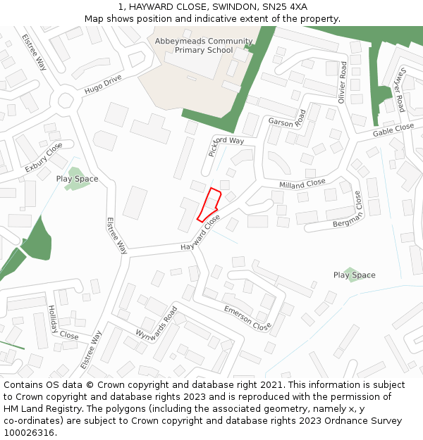1, HAYWARD CLOSE, SWINDON, SN25 4XA: Location map and indicative extent of plot