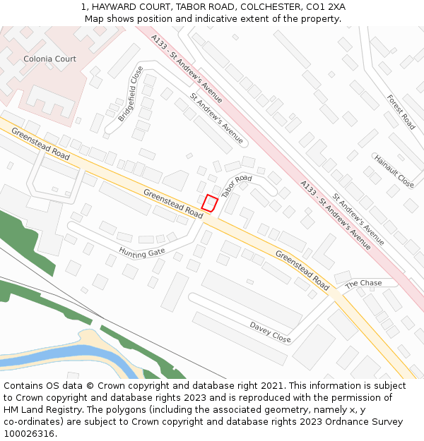 1, HAYWARD COURT, TABOR ROAD, COLCHESTER, CO1 2XA: Location map and indicative extent of plot