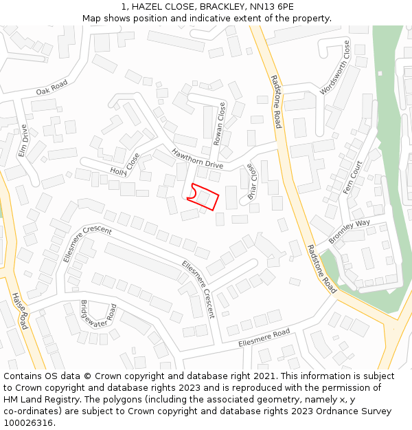 1, HAZEL CLOSE, BRACKLEY, NN13 6PE: Location map and indicative extent of plot