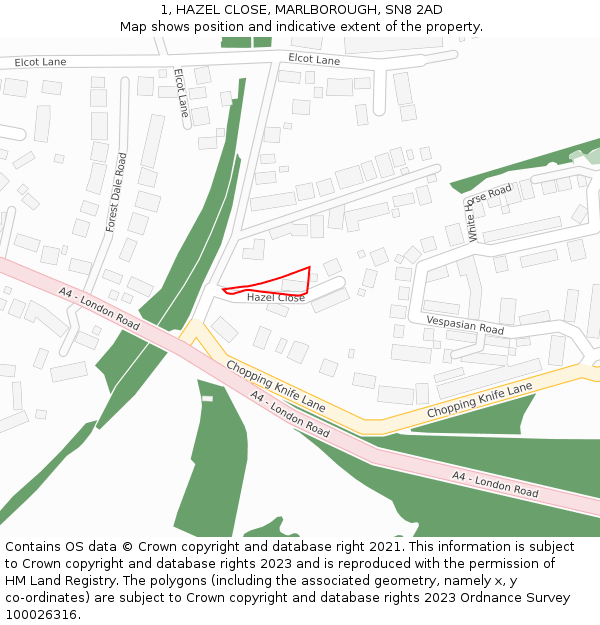 1, HAZEL CLOSE, MARLBOROUGH, SN8 2AD: Location map and indicative extent of plot