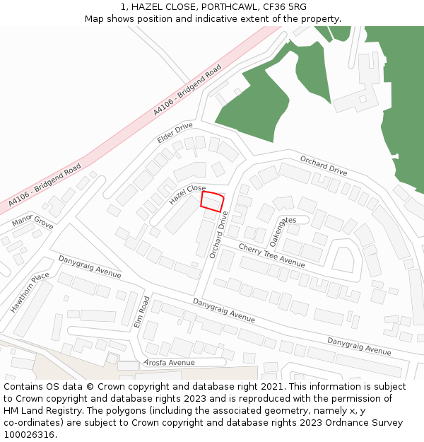 1, HAZEL CLOSE, PORTHCAWL, CF36 5RG: Location map and indicative extent of plot