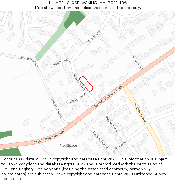 1, HAZEL CLOSE, WOKINGHAM, RG41 4BW: Location map and indicative extent of plot