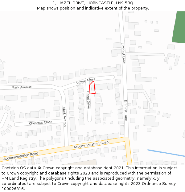 1, HAZEL DRIVE, HORNCASTLE, LN9 5BQ: Location map and indicative extent of plot