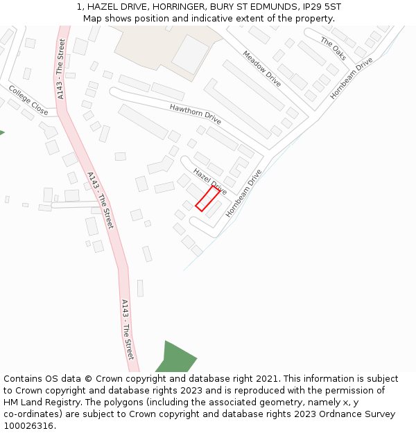 1, HAZEL DRIVE, HORRINGER, BURY ST EDMUNDS, IP29 5ST: Location map and indicative extent of plot