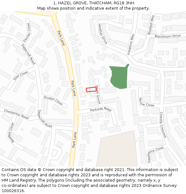 1, HAZEL GROVE, THATCHAM, RG18 3NH: Location map and indicative extent of plot