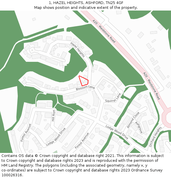 1, HAZEL HEIGHTS, ASHFORD, TN25 4GF: Location map and indicative extent of plot
