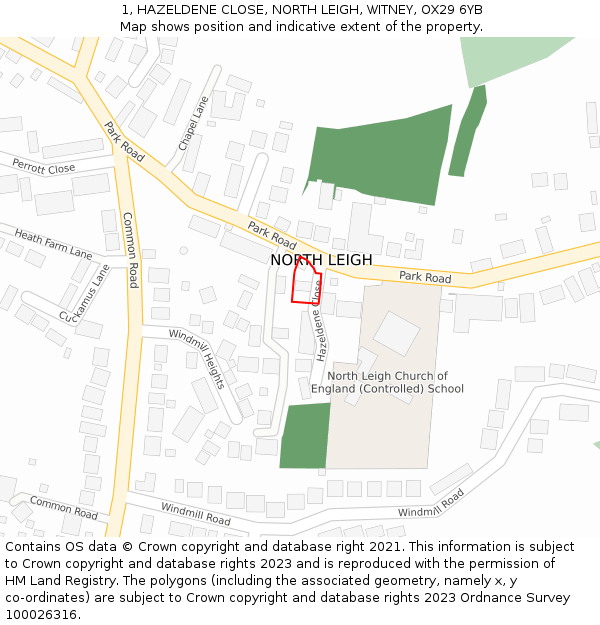 1, HAZELDENE CLOSE, NORTH LEIGH, WITNEY, OX29 6YB: Location map and indicative extent of plot