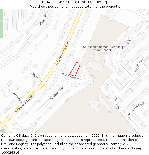 1, HAZELL AVENUE, AYLESBURY, HP21 7JF: Location map and indicative extent of plot