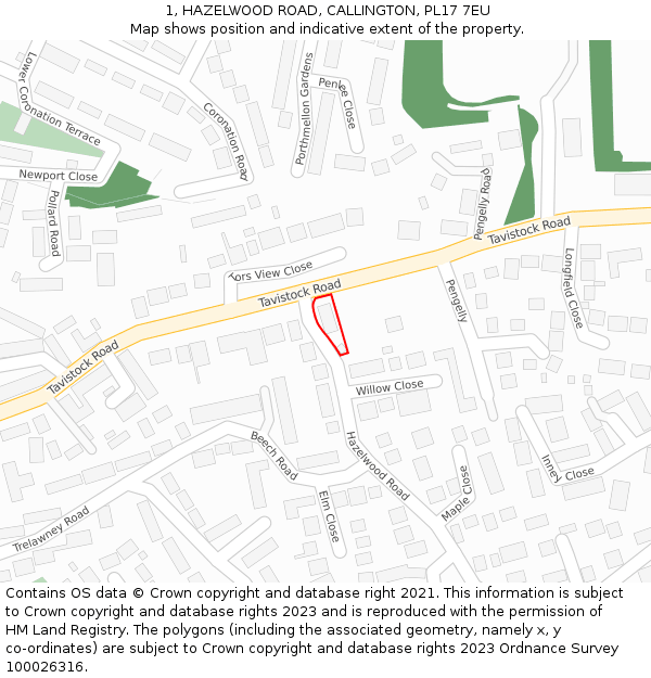 1, HAZELWOOD ROAD, CALLINGTON, PL17 7EU: Location map and indicative extent of plot