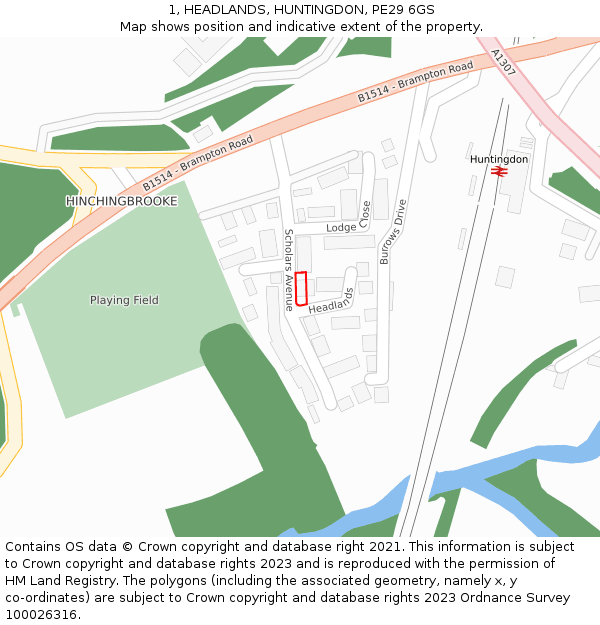 1, HEADLANDS, HUNTINGDON, PE29 6GS: Location map and indicative extent of plot