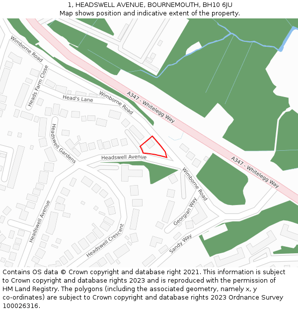 1, HEADSWELL AVENUE, BOURNEMOUTH, BH10 6JU: Location map and indicative extent of plot