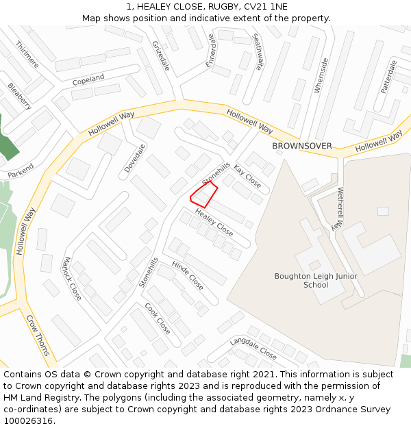 1, HEALEY CLOSE, RUGBY, CV21 1NE: Location map and indicative extent of plot