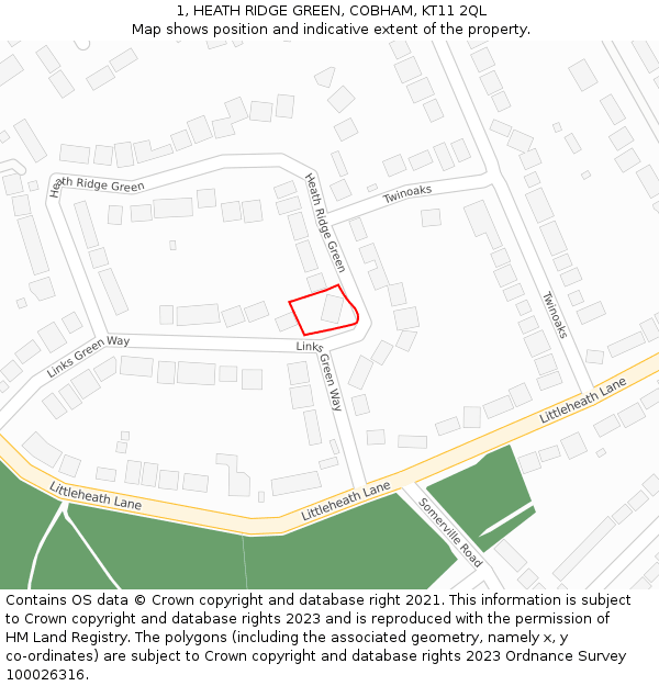 1, HEATH RIDGE GREEN, COBHAM, KT11 2QL: Location map and indicative extent of plot