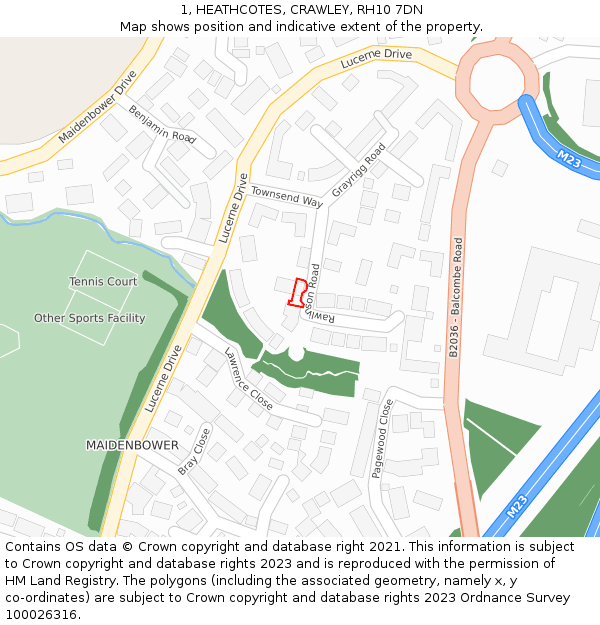 1, HEATHCOTES, CRAWLEY, RH10 7DN: Location map and indicative extent of plot