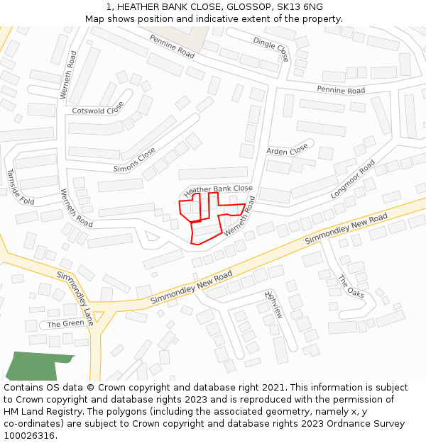 1, HEATHER BANK CLOSE, GLOSSOP, SK13 6NG: Location map and indicative extent of plot