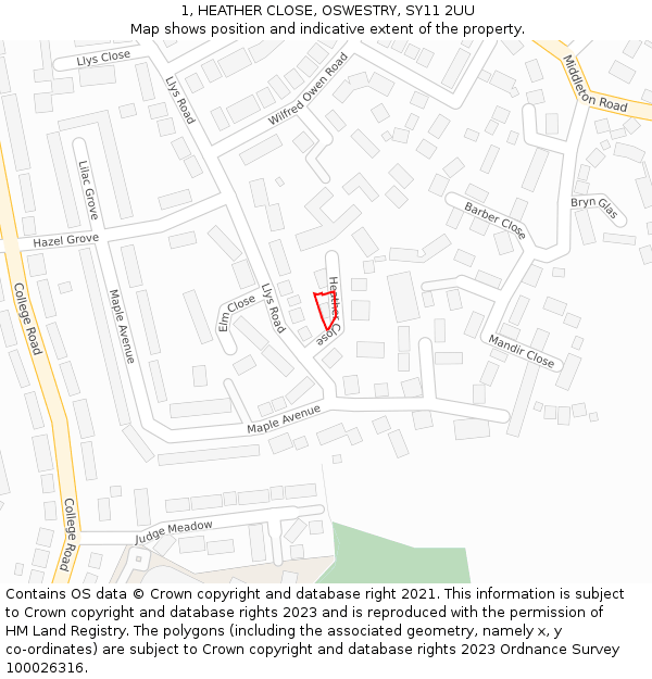 1, HEATHER CLOSE, OSWESTRY, SY11 2UU: Location map and indicative extent of plot