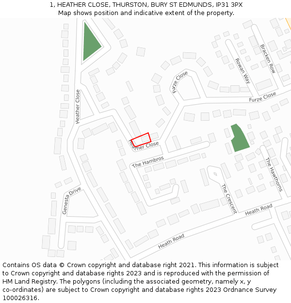 1, HEATHER CLOSE, THURSTON, BURY ST EDMUNDS, IP31 3PX: Location map and indicative extent of plot