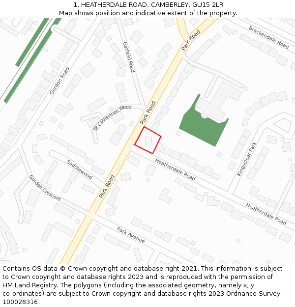1, HEATHERDALE ROAD, CAMBERLEY, GU15 2LR: Location map and indicative extent of plot