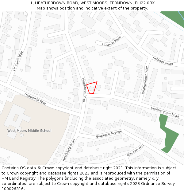 1, HEATHERDOWN ROAD, WEST MOORS, FERNDOWN, BH22 0BX: Location map and indicative extent of plot