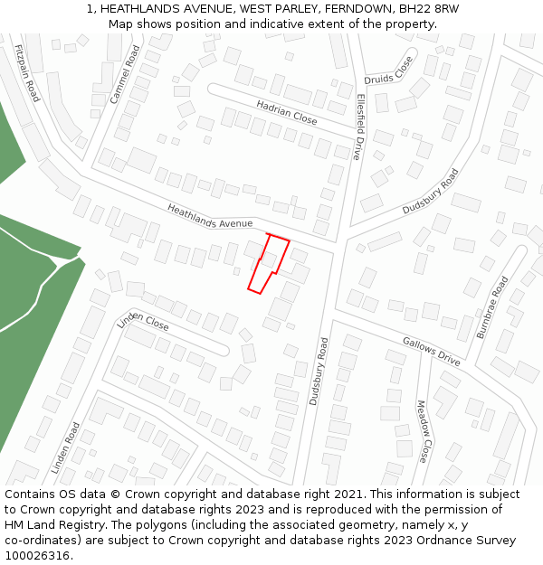 1, HEATHLANDS AVENUE, WEST PARLEY, FERNDOWN, BH22 8RW: Location map and indicative extent of plot