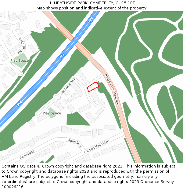 1, HEATHSIDE PARK, CAMBERLEY, GU15 1PT: Location map and indicative extent of plot