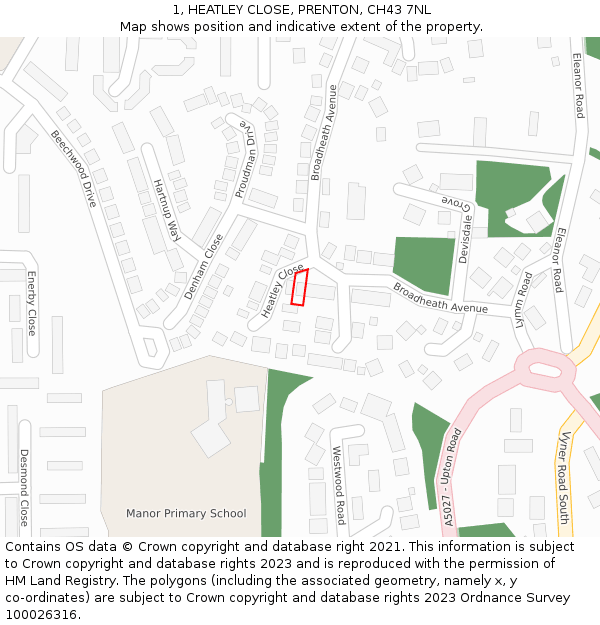 1, HEATLEY CLOSE, PRENTON, CH43 7NL: Location map and indicative extent of plot