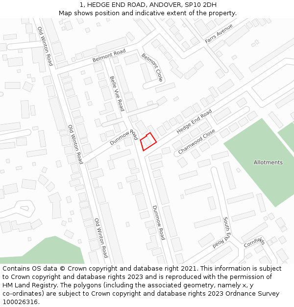 1, HEDGE END ROAD, ANDOVER, SP10 2DH: Location map and indicative extent of plot