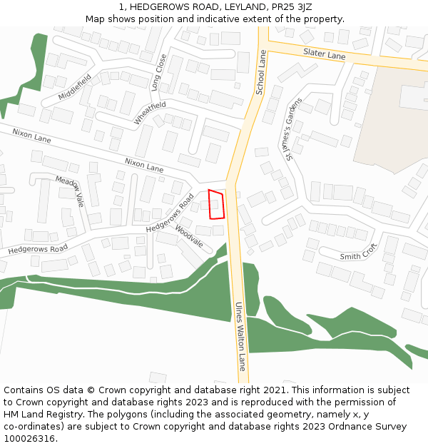 1, HEDGEROWS ROAD, LEYLAND, PR25 3JZ: Location map and indicative extent of plot