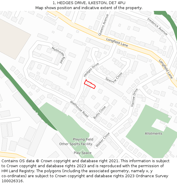 1, HEDGES DRIVE, ILKESTON, DE7 4PU: Location map and indicative extent of plot