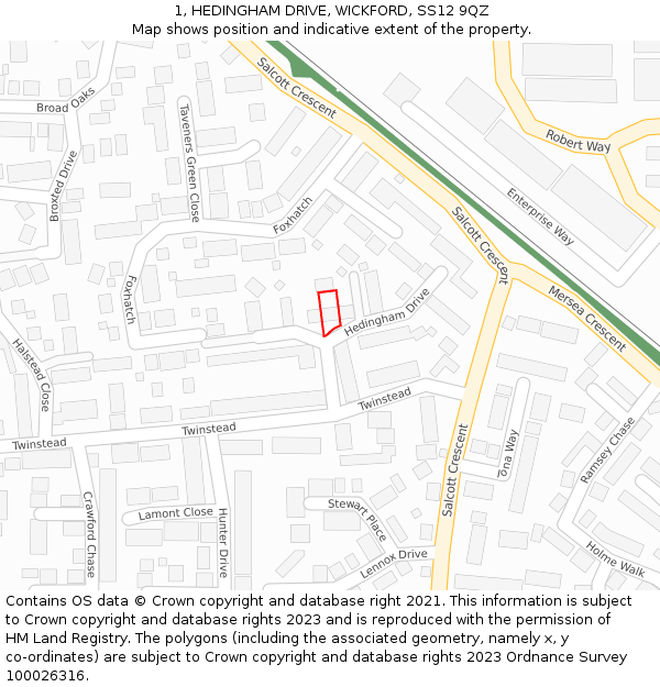 1, HEDINGHAM DRIVE, WICKFORD, SS12 9QZ: Location map and indicative extent of plot