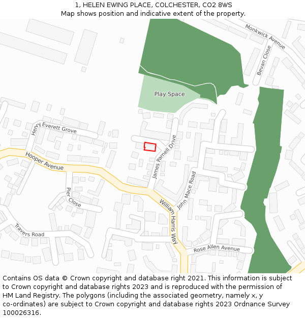 1, HELEN EWING PLACE, COLCHESTER, CO2 8WS: Location map and indicative extent of plot