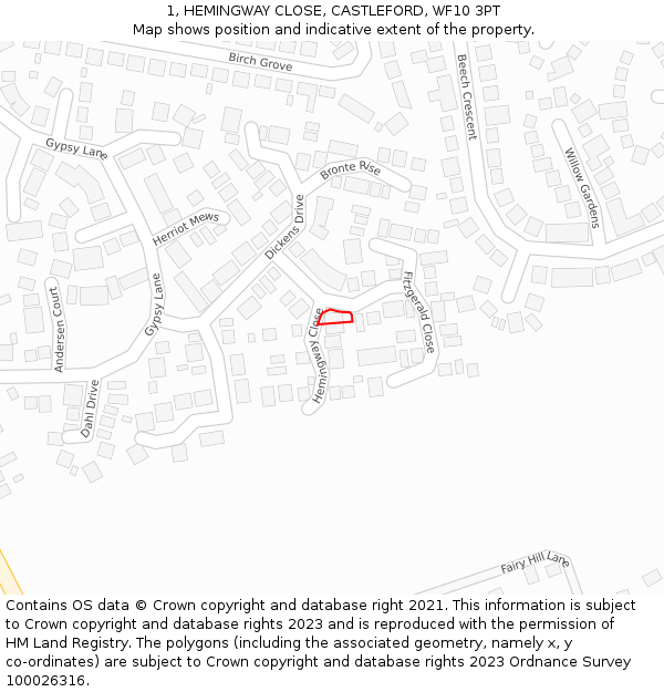1, HEMINGWAY CLOSE, CASTLEFORD, WF10 3PT: Location map and indicative extent of plot