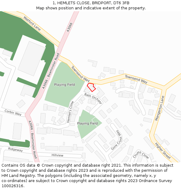 1, HEMLETS CLOSE, BRIDPORT, DT6 3FB: Location map and indicative extent of plot