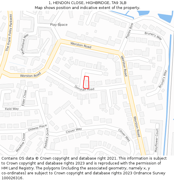 1, HENDON CLOSE, HIGHBRIDGE, TA9 3LB: Location map and indicative extent of plot