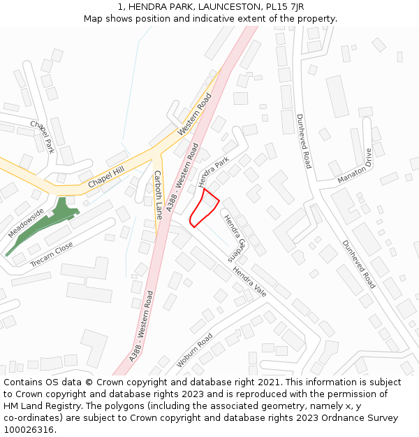 1, HENDRA PARK, LAUNCESTON, PL15 7JR: Location map and indicative extent of plot