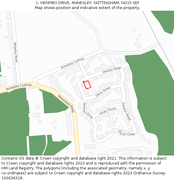 1, HENFREY DRIVE, ANNESLEY, NOTTINGHAM, NG15 0EF: Location map and indicative extent of plot