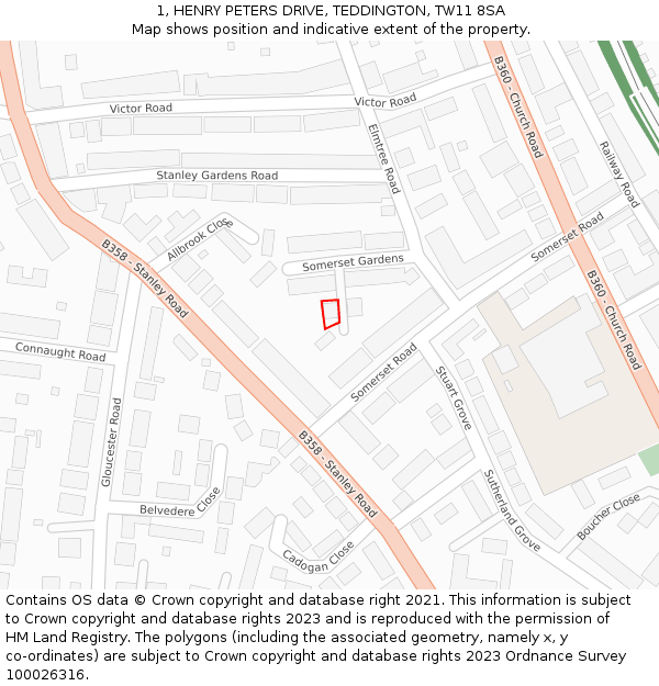 1, HENRY PETERS DRIVE, TEDDINGTON, TW11 8SA: Location map and indicative extent of plot