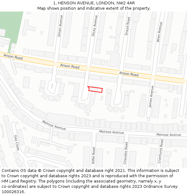 1, HENSON AVENUE, LONDON, NW2 4AR: Location map and indicative extent of plot